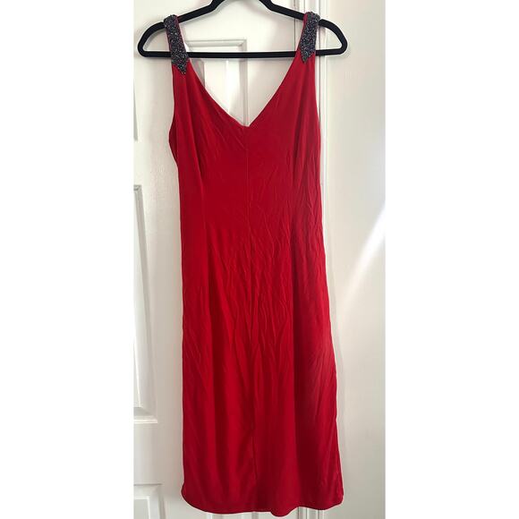 CARMEN MARC VALVO Red Ruched Gunmetal Beaded Dress Surplice Wrap Top - Sz 10 - Picture 4 of 6